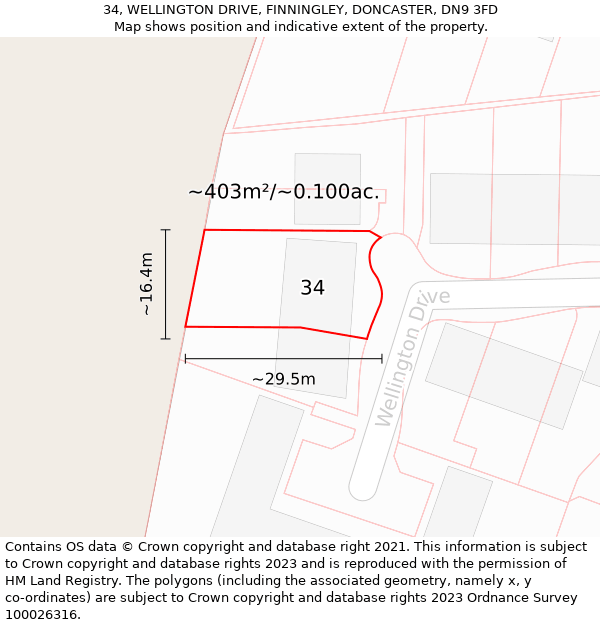 34, WELLINGTON DRIVE, FINNINGLEY, DONCASTER, DN9 3FD: Plot and title map