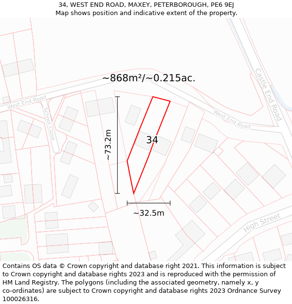 34, WEST END ROAD, MAXEY, PETERBOROUGH, PE6 9EJ: Plot and title map