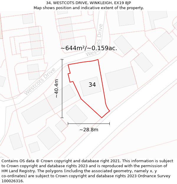 34, WESTCOTS DRIVE, WINKLEIGH, EX19 8JP: Plot and title map