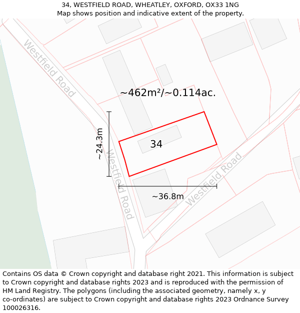 34, WESTFIELD ROAD, WHEATLEY, OXFORD, OX33 1NG: Plot and title map