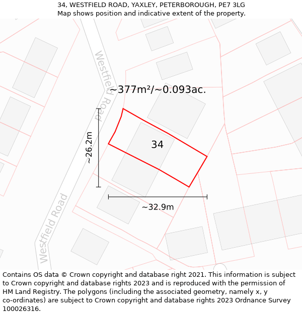 34, WESTFIELD ROAD, YAXLEY, PETERBOROUGH, PE7 3LG: Plot and title map