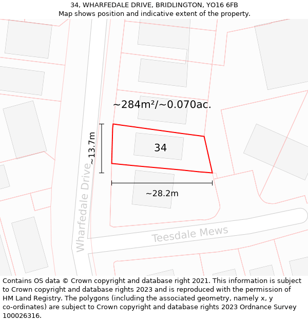 34, WHARFEDALE DRIVE, BRIDLINGTON, YO16 6FB: Plot and title map