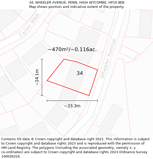 34, WHEELER AVENUE, PENN, HIGH WYCOMBE, HP10 8EB: Plot and title map