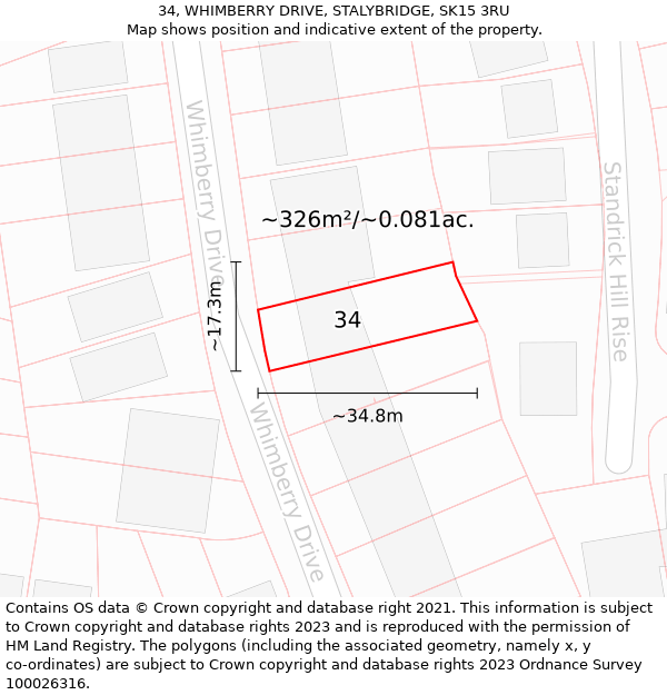 34, WHIMBERRY DRIVE, STALYBRIDGE, SK15 3RU: Plot and title map