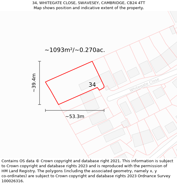 34, WHITEGATE CLOSE, SWAVESEY, CAMBRIDGE, CB24 4TT: Plot and title map