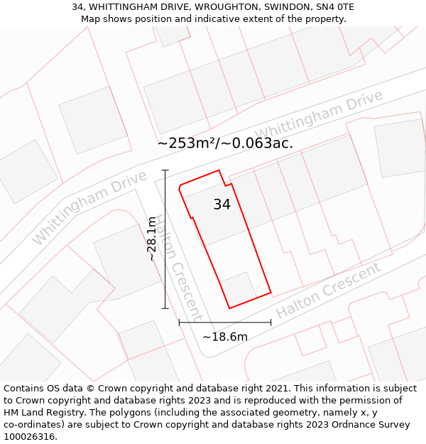 34, WHITTINGHAM DRIVE, WROUGHTON, SWINDON, SN4 0TE: Plot and title map