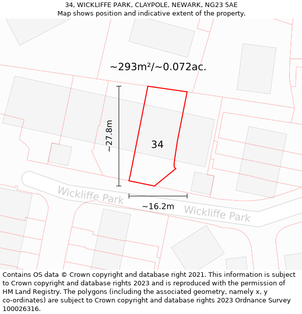 34, WICKLIFFE PARK, CLAYPOLE, NEWARK, NG23 5AE: Plot and title map