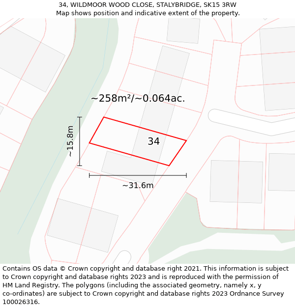 34, WILDMOOR WOOD CLOSE, STALYBRIDGE, SK15 3RW: Plot and title map