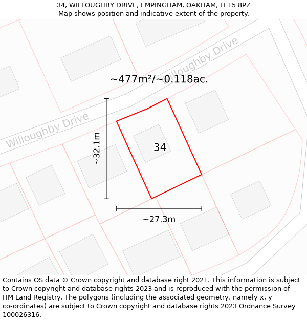 34, WILLOUGHBY DRIVE, EMPINGHAM, OAKHAM, LE15 8PZ: Plot and title map