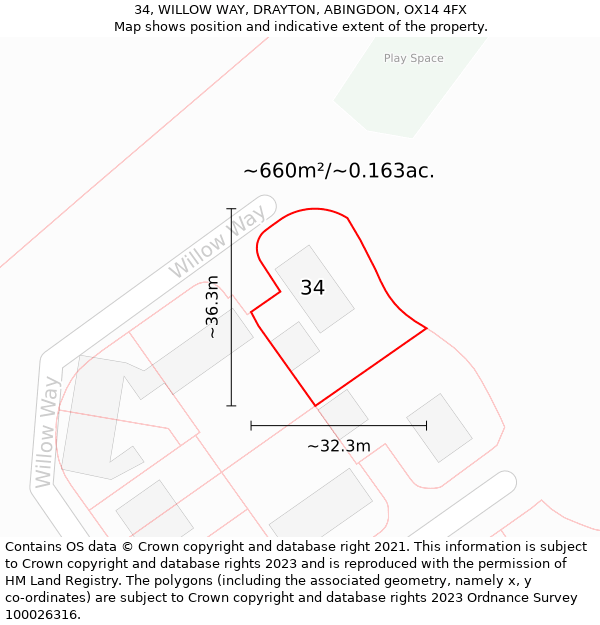 34, WILLOW WAY, DRAYTON, ABINGDON, OX14 4FX: Plot and title map