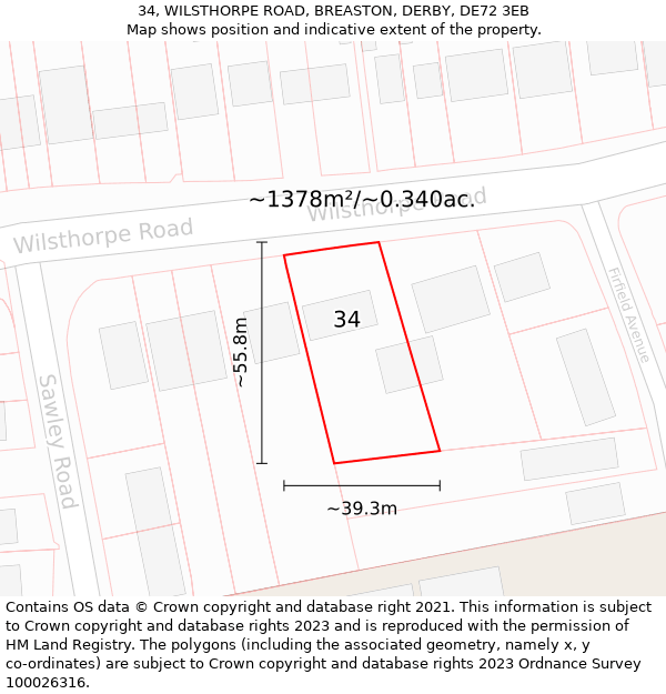 34, WILSTHORPE ROAD, BREASTON, DERBY, DE72 3EB: Plot and title map