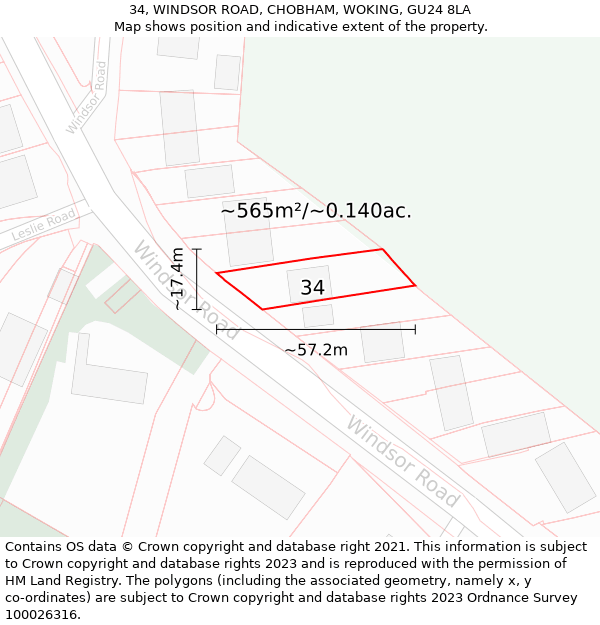 34, WINDSOR ROAD, CHOBHAM, WOKING, GU24 8LA: Plot and title map