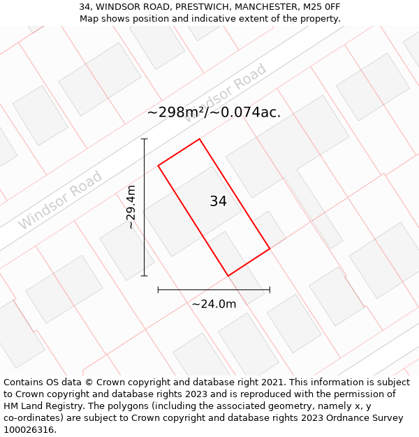 34, WINDSOR ROAD, PRESTWICH, MANCHESTER, M25 0FF: Plot and title map