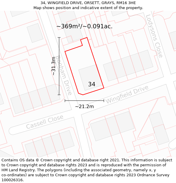 34, WINGFIELD DRIVE, ORSETT, GRAYS, RM16 3HE: Plot and title map