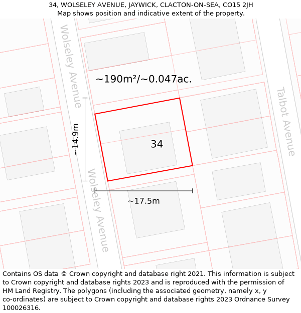 34, WOLSELEY AVENUE, JAYWICK, CLACTON-ON-SEA, CO15 2JH: Plot and title map