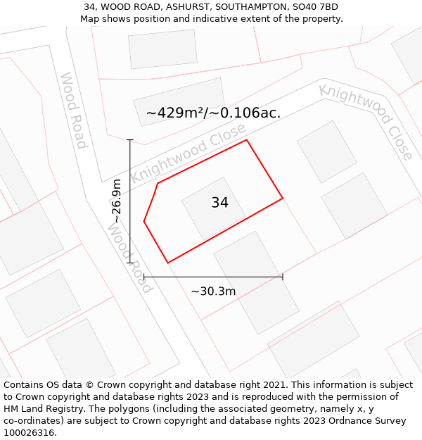 34, WOOD ROAD, ASHURST, SOUTHAMPTON, SO40 7BD: Plot and title map