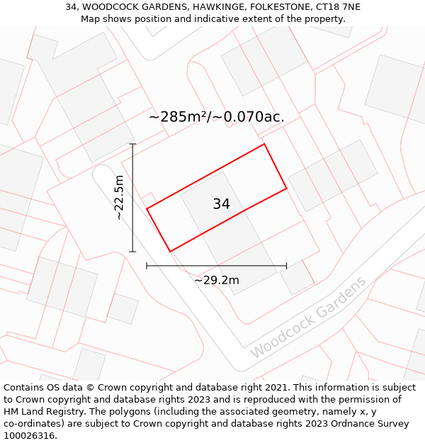 34, WOODCOCK GARDENS, HAWKINGE, FOLKESTONE, CT18 7NE: Plot and title map