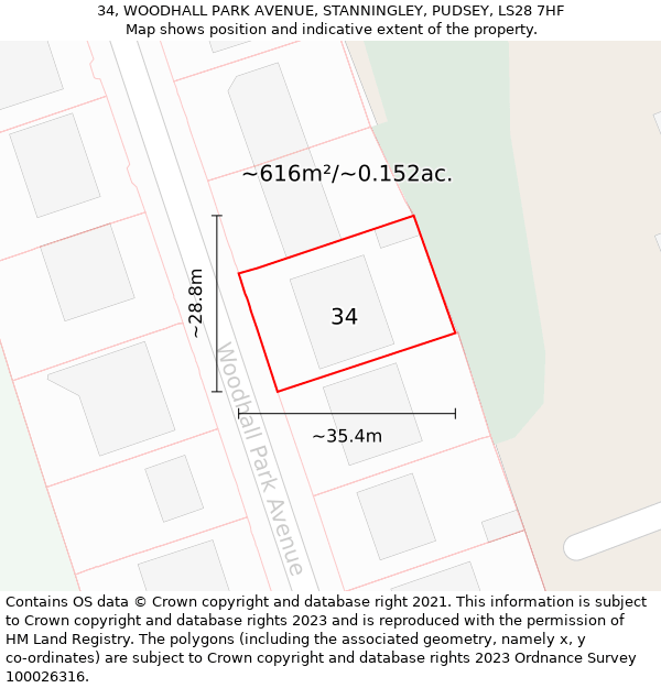 34, WOODHALL PARK AVENUE, STANNINGLEY, PUDSEY, LS28 7HF: Plot and title map