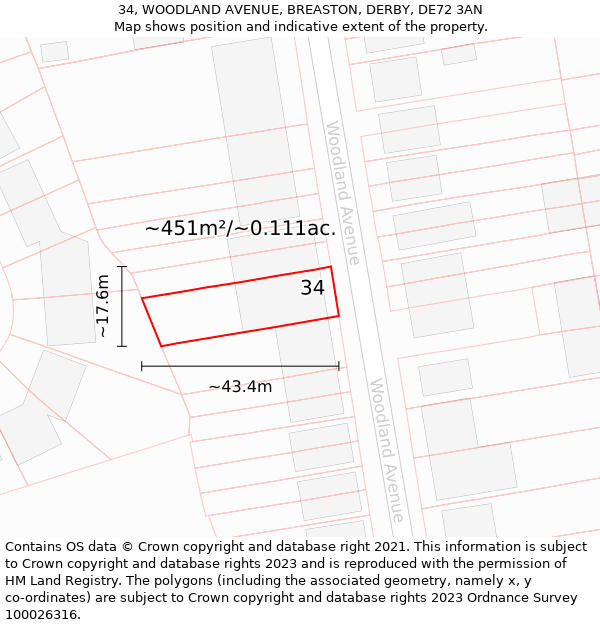 34, WOODLAND AVENUE, BREASTON, DERBY, DE72 3AN: Plot and title map