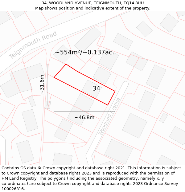 34, WOODLAND AVENUE, TEIGNMOUTH, TQ14 8UU: Plot and title map