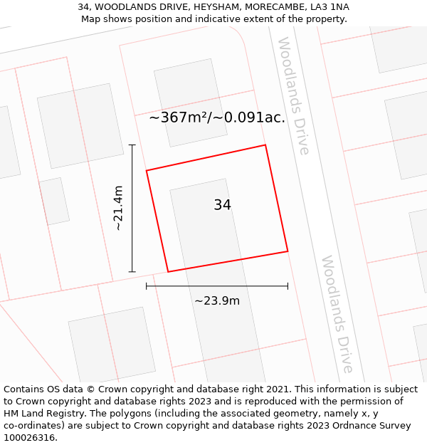 34, WOODLANDS DRIVE, HEYSHAM, MORECAMBE, LA3 1NA: Plot and title map