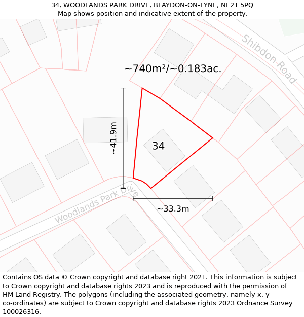 34, WOODLANDS PARK DRIVE, BLAYDON-ON-TYNE, NE21 5PQ: Plot and title map