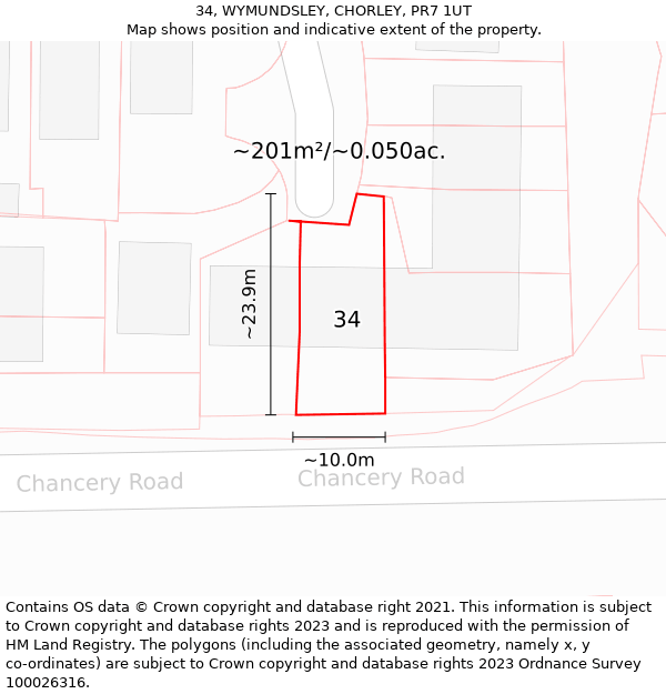 34, WYMUNDSLEY, CHORLEY, PR7 1UT: Plot and title map