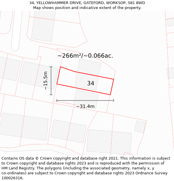 34, YELLOWHAMMER DRIVE, GATEFORD, WORKSOP, S81 8WD: Plot and title map