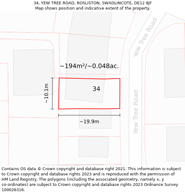 34, YEW TREE ROAD, ROSLISTON, SWADLINCOTE, DE12 8JF: Plot and title map