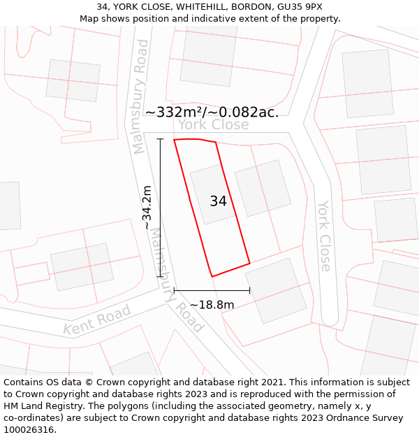 34, YORK CLOSE, WHITEHILL, BORDON, GU35 9PX: Plot and title map