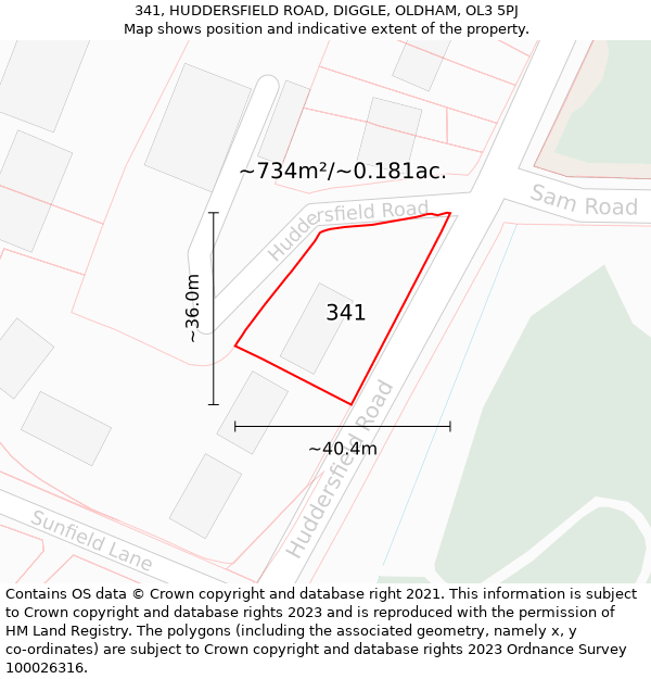 341, HUDDERSFIELD ROAD, DIGGLE, OLDHAM, OL3 5PJ: Plot and title map