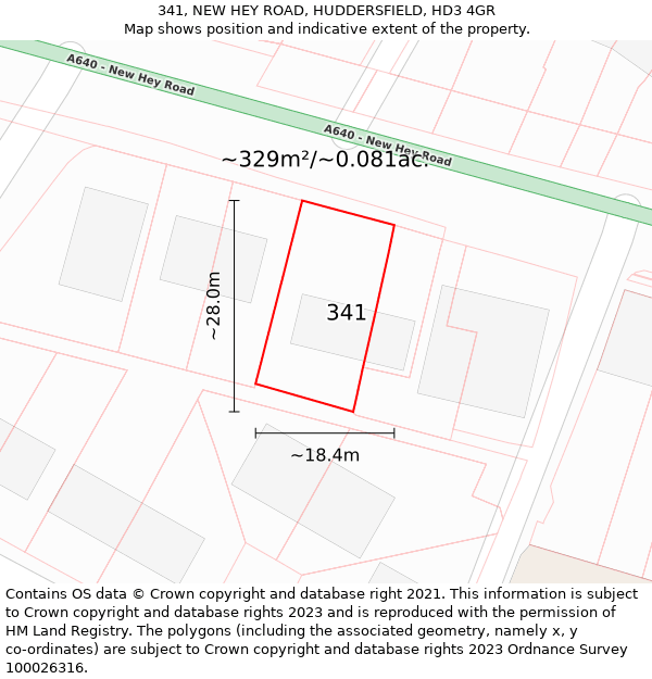 341, NEW HEY ROAD, HUDDERSFIELD, HD3 4GR: Plot and title map