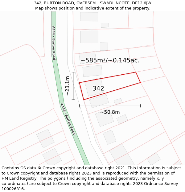 342, BURTON ROAD, OVERSEAL, SWADLINCOTE, DE12 6JW: Plot and title map