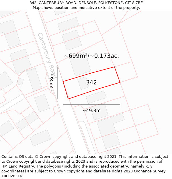342, CANTERBURY ROAD, DENSOLE, FOLKESTONE, CT18 7BE: Plot and title map