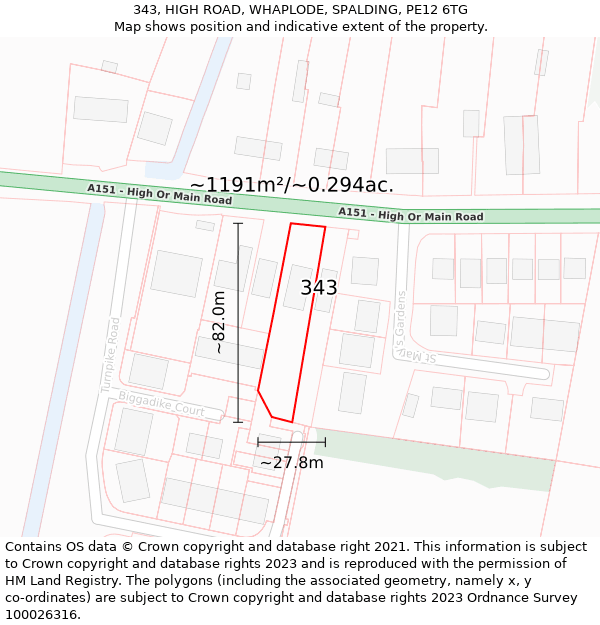 343, HIGH ROAD, WHAPLODE, SPALDING, PE12 6TG: Plot and title map