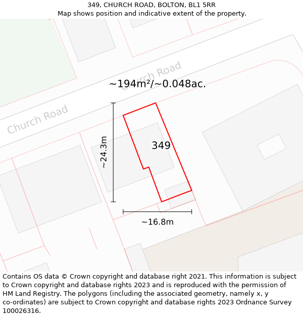 349, CHURCH ROAD, BOLTON, BL1 5RR: Plot and title map
