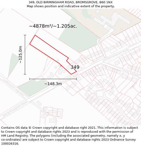 349, OLD BIRMINGHAM ROAD, BROMSGROVE, B60 1NX: Plot and title map