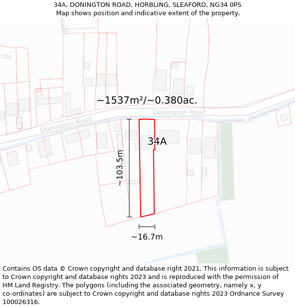 34A, DONINGTON ROAD, HORBLING, SLEAFORD, NG34 0PS: Plot and title map