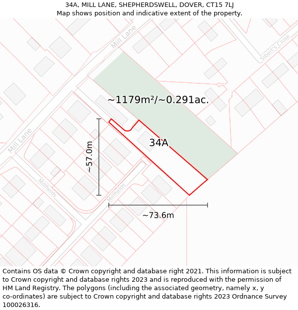 34A, MILL LANE, SHEPHERDSWELL, DOVER, CT15 7LJ: Plot and title map