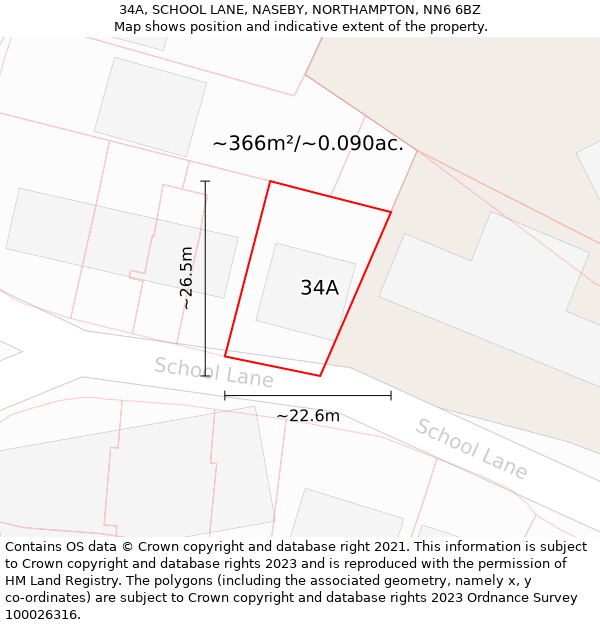 34A, SCHOOL LANE, NASEBY, NORTHAMPTON, NN6 6BZ: Plot and title map