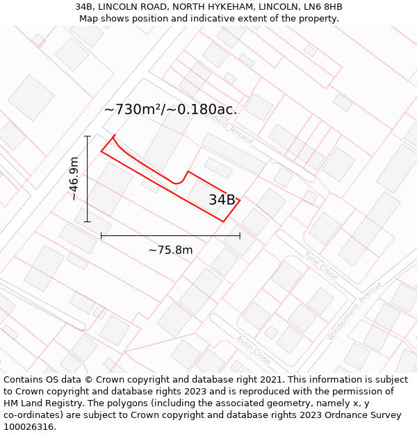 34B, LINCOLN ROAD, NORTH HYKEHAM, LINCOLN, LN6 8HB: Plot and title map