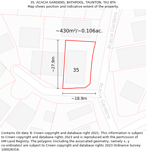 35, ACACIA GARDENS, BATHPOOL, TAUNTON, TA2 8TA: Plot and title map