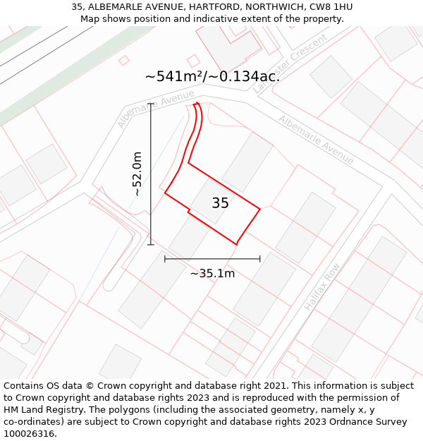 35, ALBEMARLE AVENUE, HARTFORD, NORTHWICH, CW8 1HU: Plot and title map