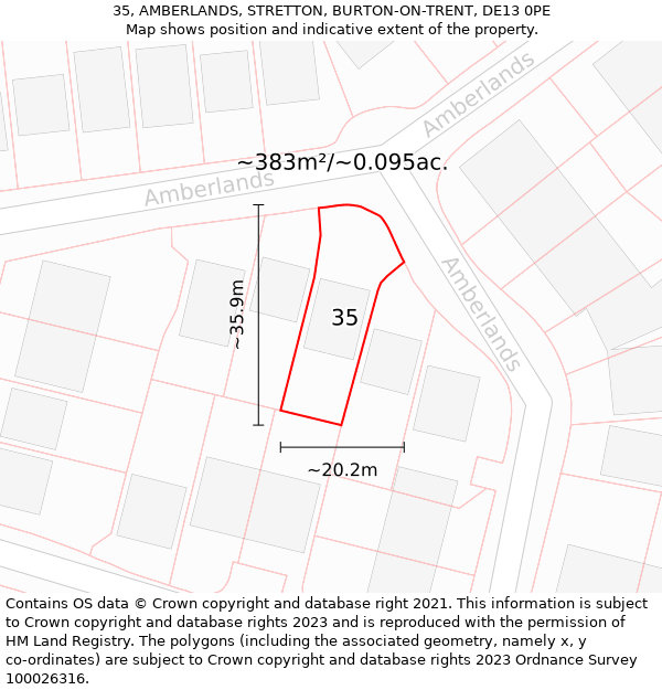 35, AMBERLANDS, STRETTON, BURTON-ON-TRENT, DE13 0PE: Plot and title map