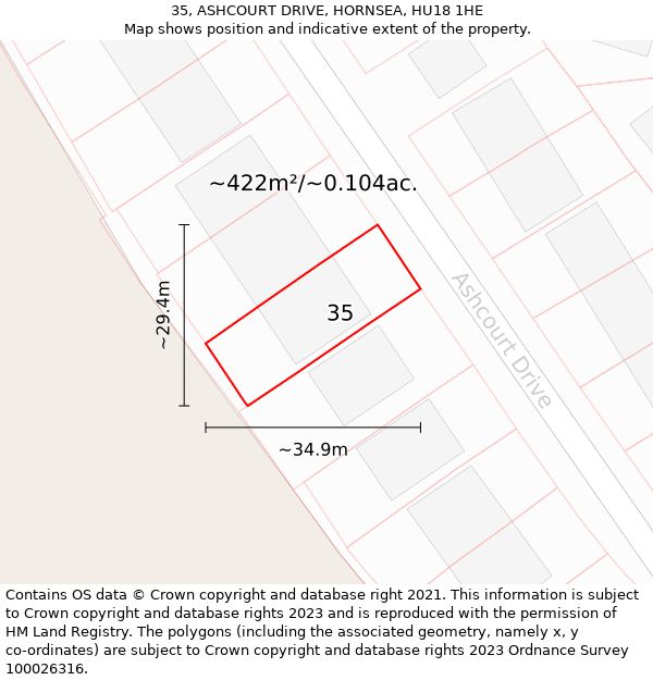 35, ASHCOURT DRIVE, HORNSEA, HU18 1HE: Plot and title map