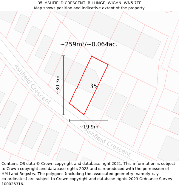 35, ASHFIELD CRESCENT, BILLINGE, WIGAN, WN5 7TE: Plot and title map