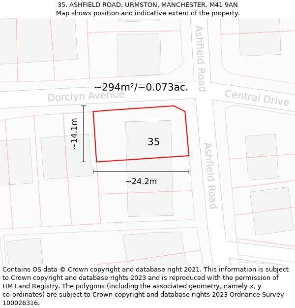 35, ASHFIELD ROAD, URMSTON, MANCHESTER, M41 9AN: Plot and title map