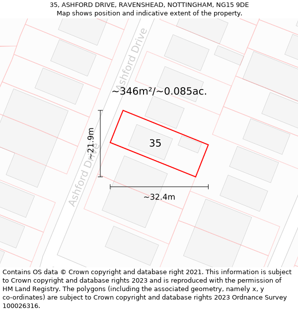 35, ASHFORD DRIVE, RAVENSHEAD, NOTTINGHAM, NG15 9DE: Plot and title map