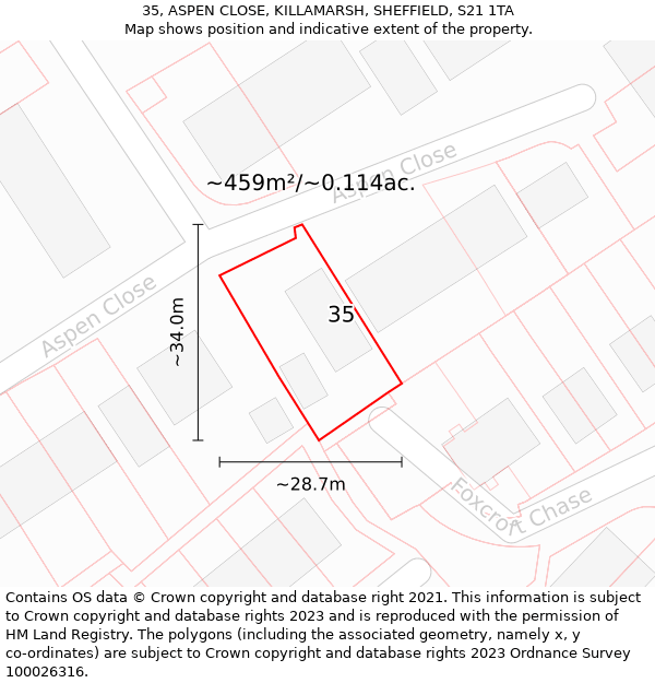 35, ASPEN CLOSE, KILLAMARSH, SHEFFIELD, S21 1TA: Plot and title map