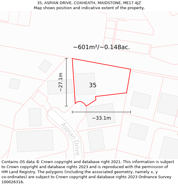 35, ASPIAN DRIVE, COXHEATH, MAIDSTONE, ME17 4JZ: Plot and title map